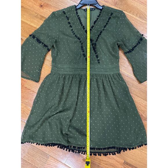 Zara Army Olive Green Swiss Dot Polka Dot Pom Pom Chiffon Mini Dress-Size: Large - Picture 9 of 9